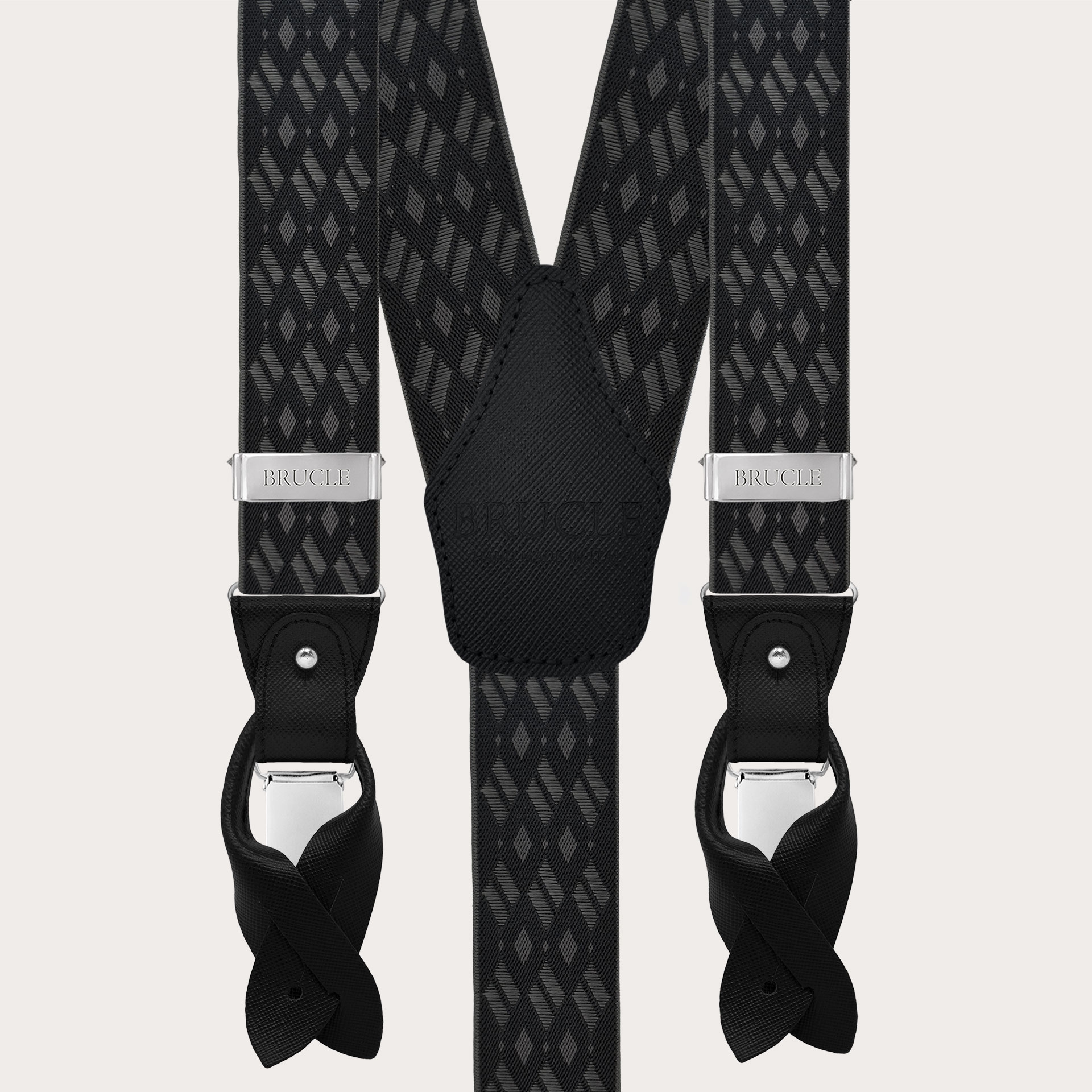 Elegant black and grey diamond-patterned suspenders for buttons or nickel-free clips