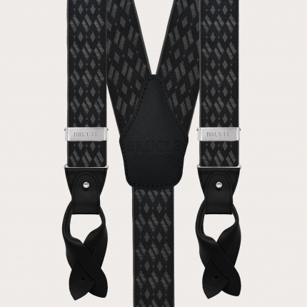 Elegant black and grey diamond-patterned suspenders for buttons or nickel-free clips