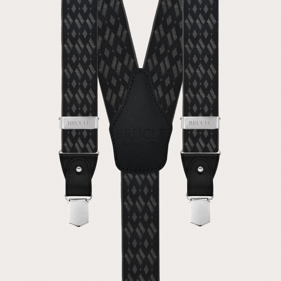 Elegant black and grey diamond-patterned suspenders for buttons or nickel-free clips