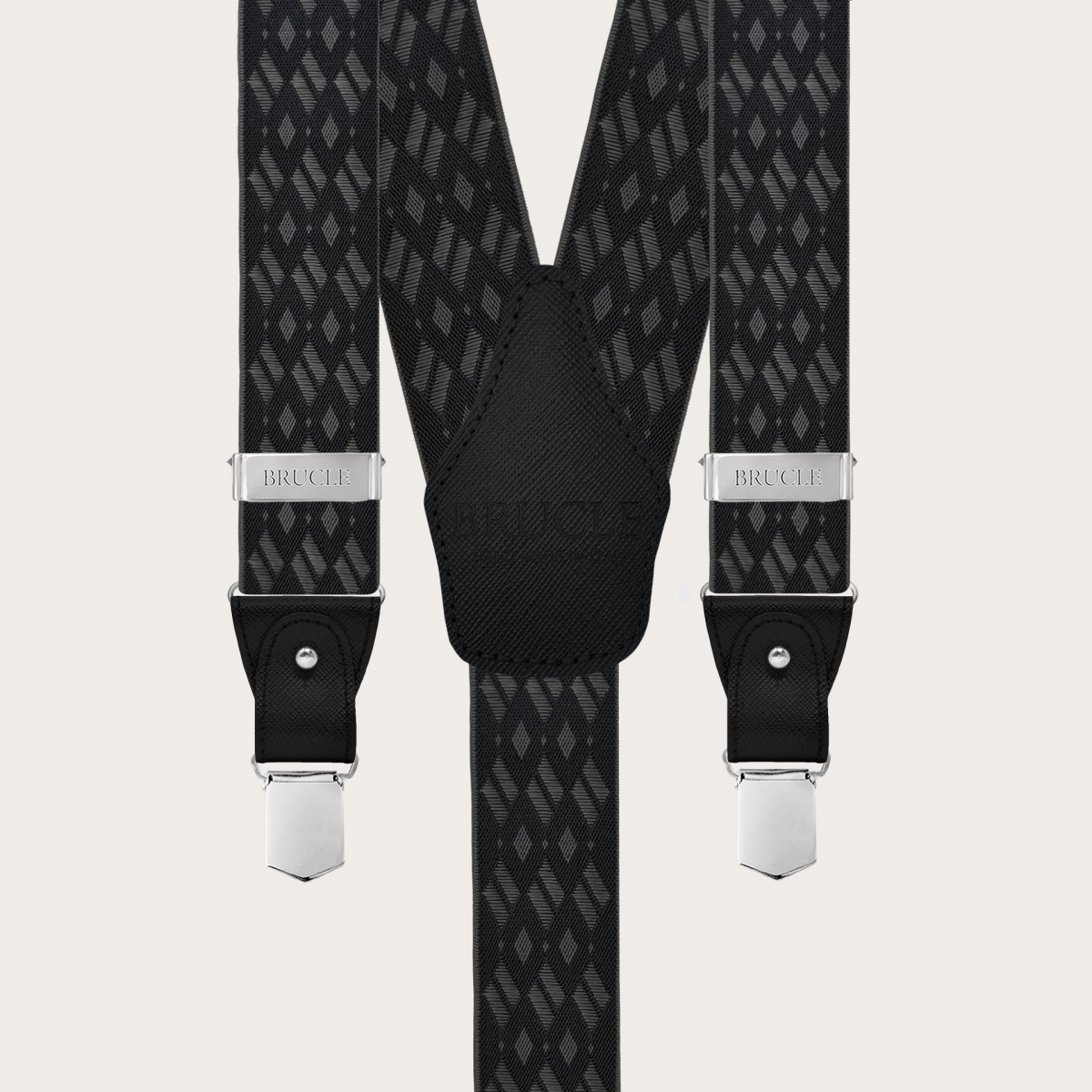 Elegant black and grey diamond-patterned suspenders for buttons or nickel-free clips