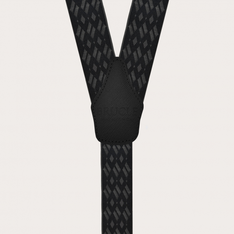 Wide black and grey diamond-patterned elastic suspenders