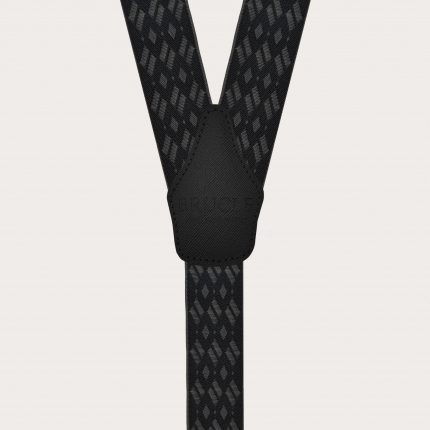 Wide black and grey diamond-patterned elastic suspenders