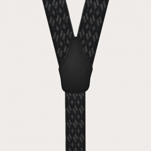 Wide black and grey diamond-patterned elastic suspenders
