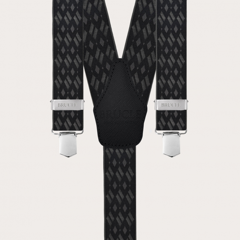 Wide black and grey diamond-patterned elastic suspenders