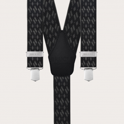 Wide black and grey diamond-patterned elastic suspenders