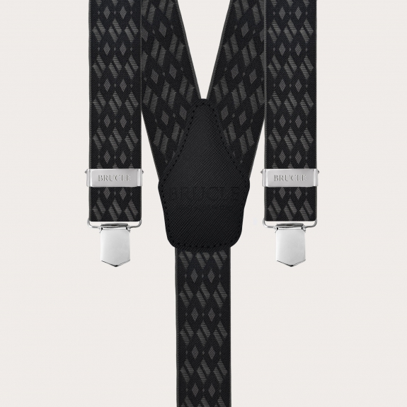 Wide black and grey diamond-patterned elastic suspenders