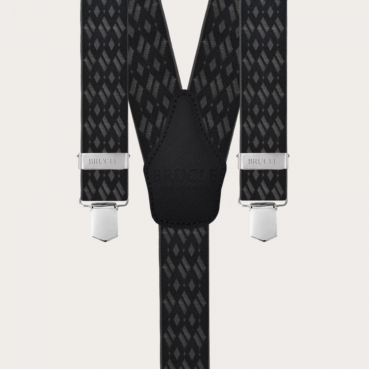 Wide black and grey diamond-patterned elastic suspenders