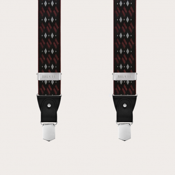 Black and burgundy patterned men's suspenders with diamonds for buttons or nickel-free clips