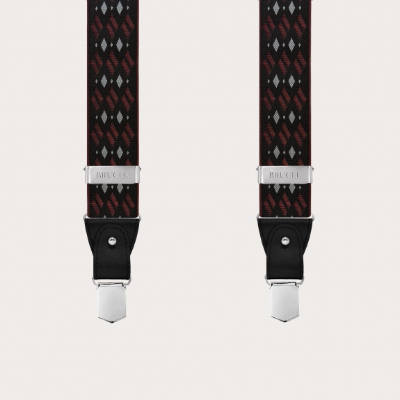 Bretelles homme motif noir et bordeaux avec losanges pour boutons ou clips sans nickel