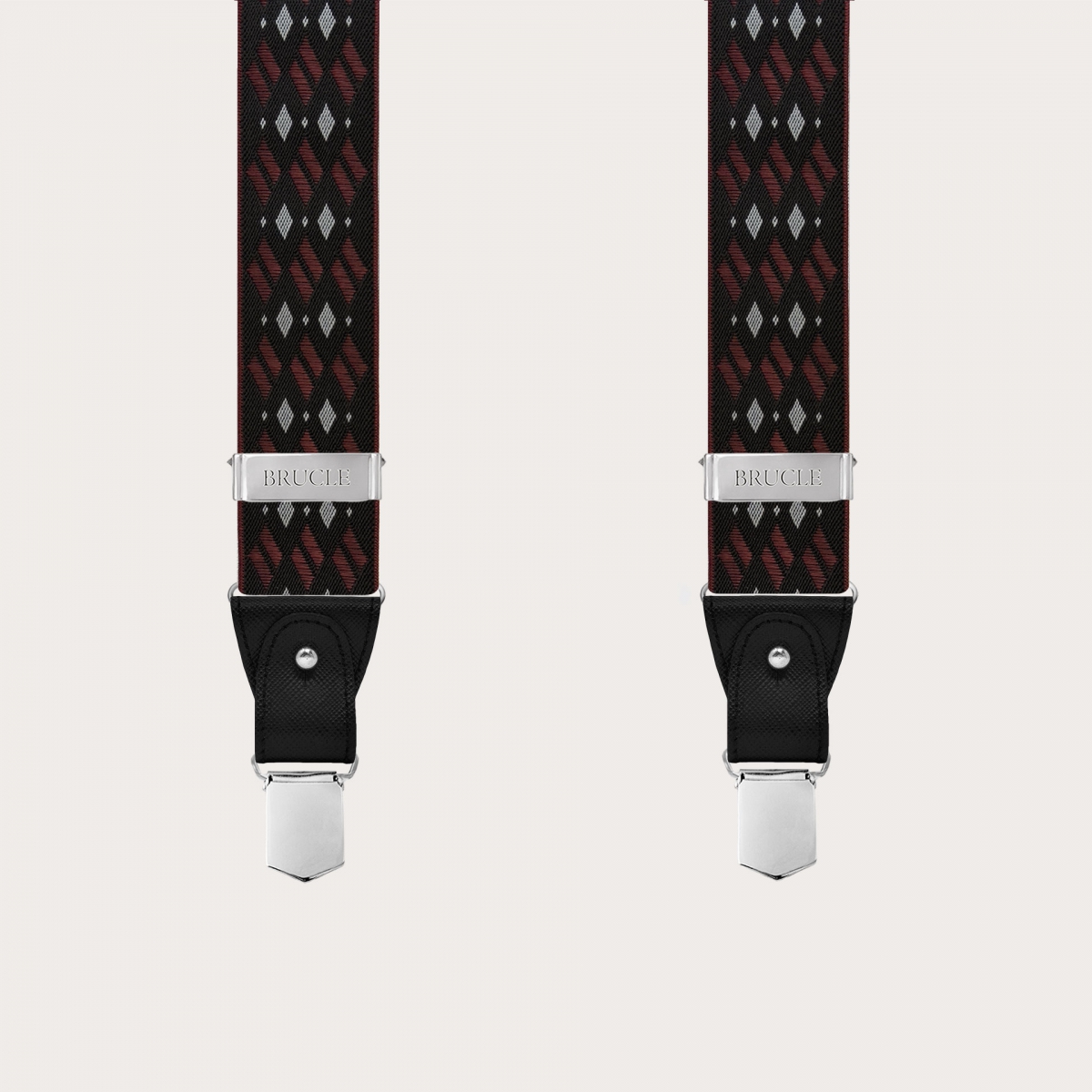 Black and burgundy patterned men's suspenders with diamonds for buttons or nickel-free clips