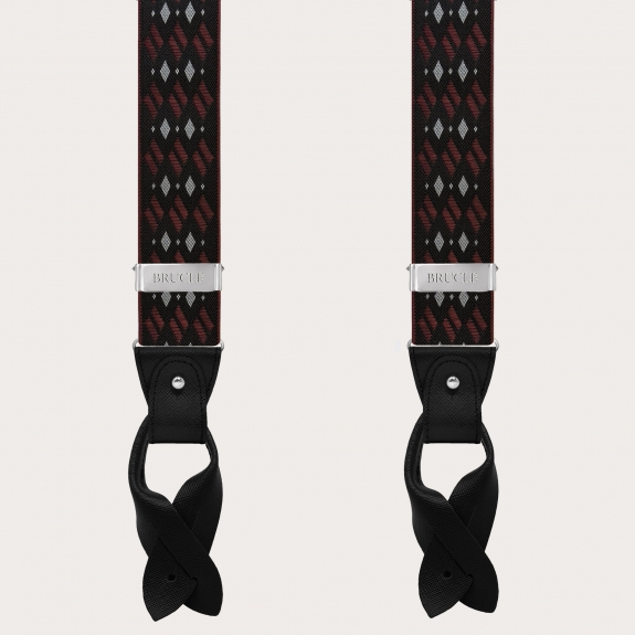 Schwarz-bordeauxfarbene Herrenhosenträger mit Rautenmuster für Knöpfe oder nickelfreie Clips
