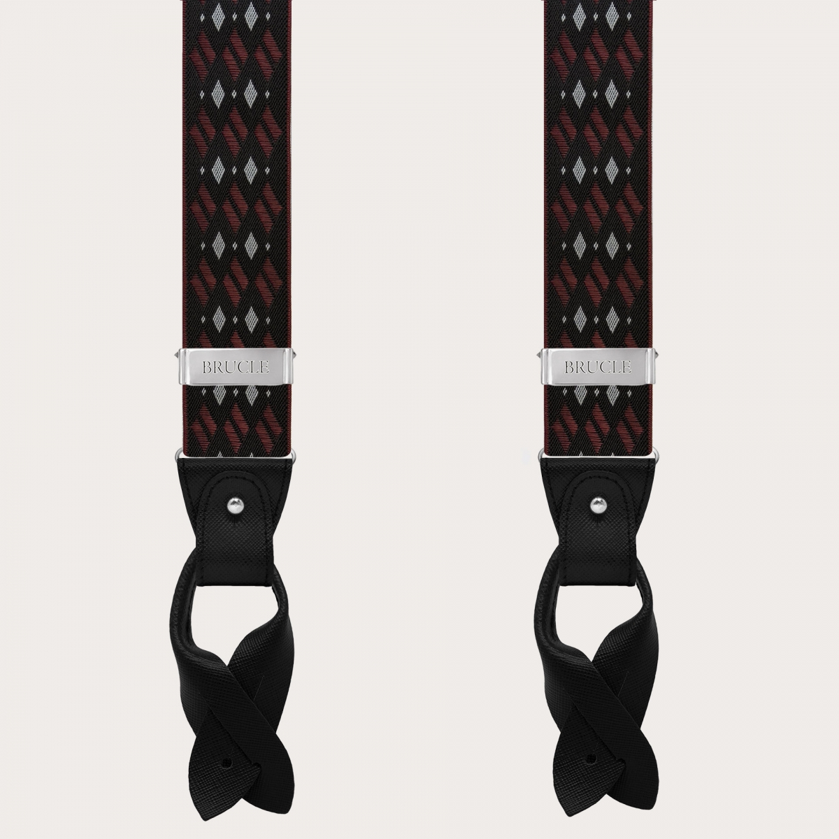 Bretelles homme motif noir et bordeaux avec losanges pour boutons ou clips sans nickel