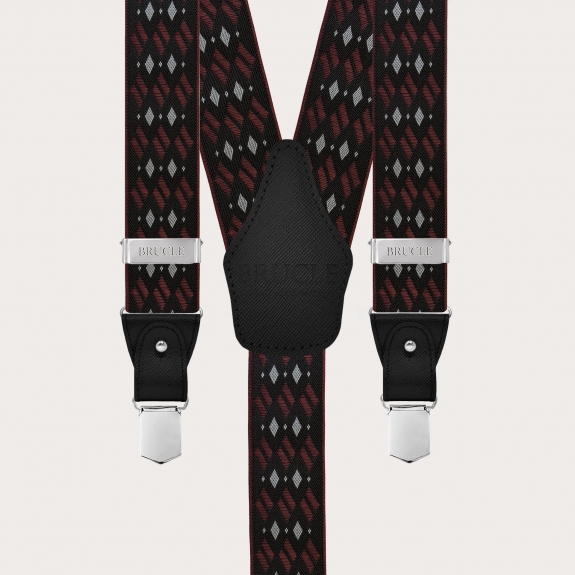 Black and burgundy patterned men's suspenders with diamonds for buttons or nickel-free clips