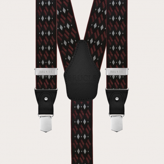 Bretelles homme motif noir et bordeaux avec losanges pour boutons ou clips sans nickel