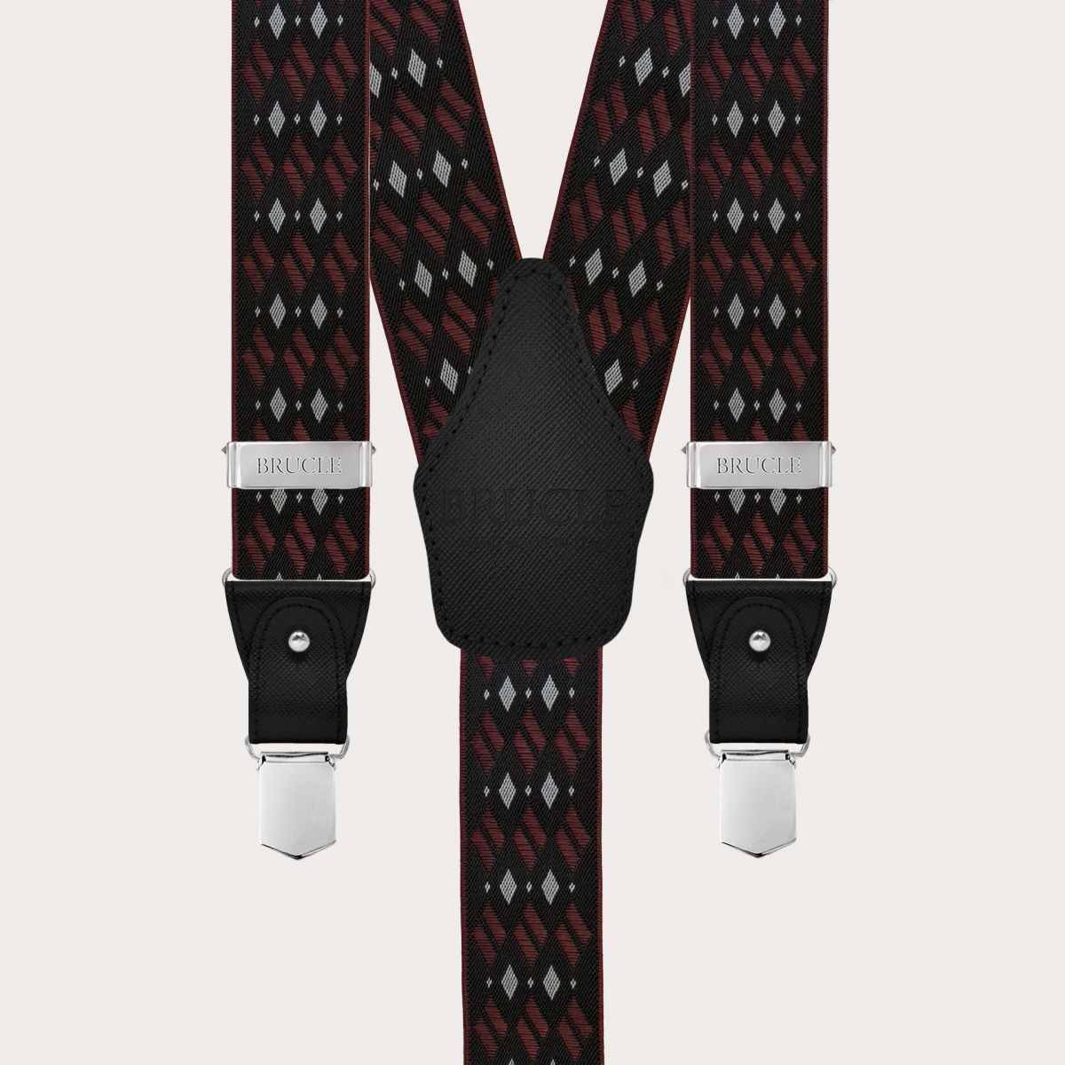 Black and burgundy patterned men's suspenders with diamonds for buttons or nickel-free clips