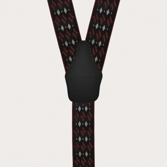 Black and burgundy patterned men's suspenders with diamonds for buttons or nickel-free clips