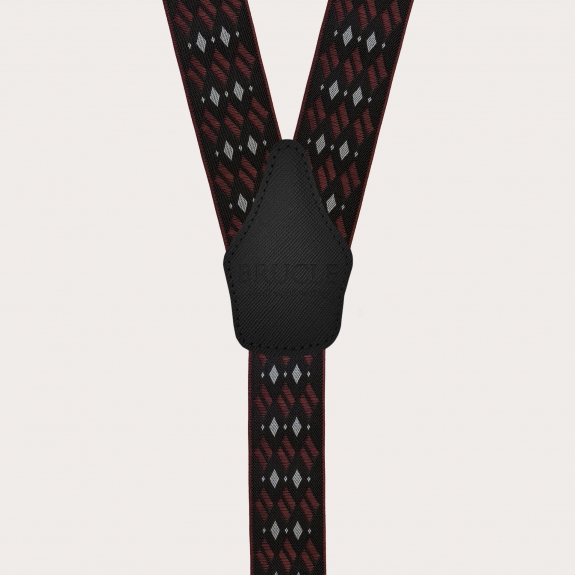 Bretelles homme motif noir et bordeaux avec losanges pour boutons ou clips sans nickel