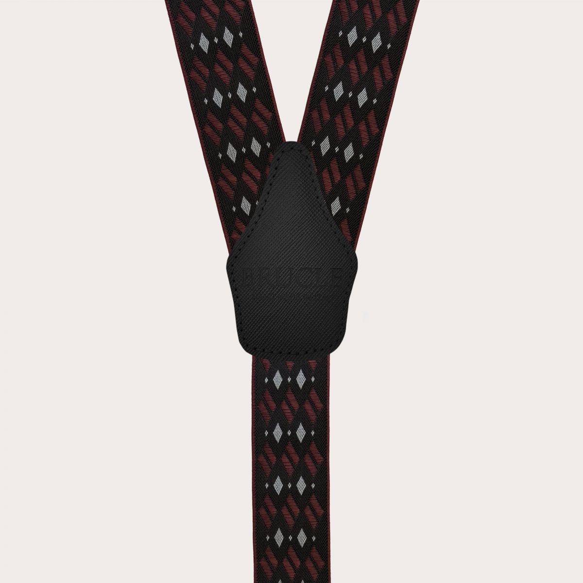 Black and burgundy patterned men's suspenders with diamonds for buttons or nickel-free clips