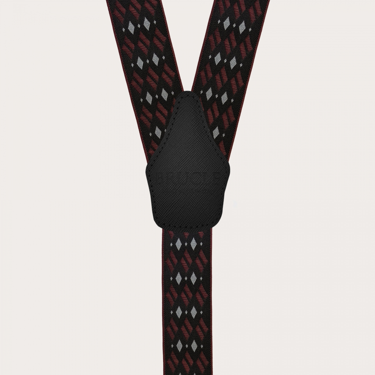 Black and burgundy patterned men's suspenders with diamonds for buttons or nickel-free clips