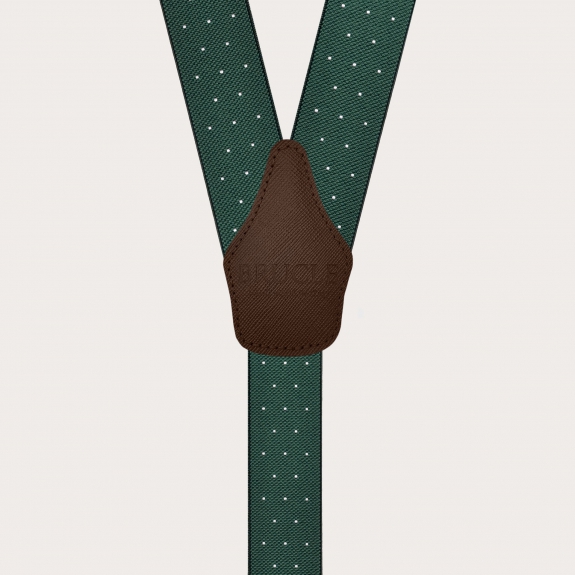 Green polka-dot suspenders with dual-use buttons and nickel-free clips