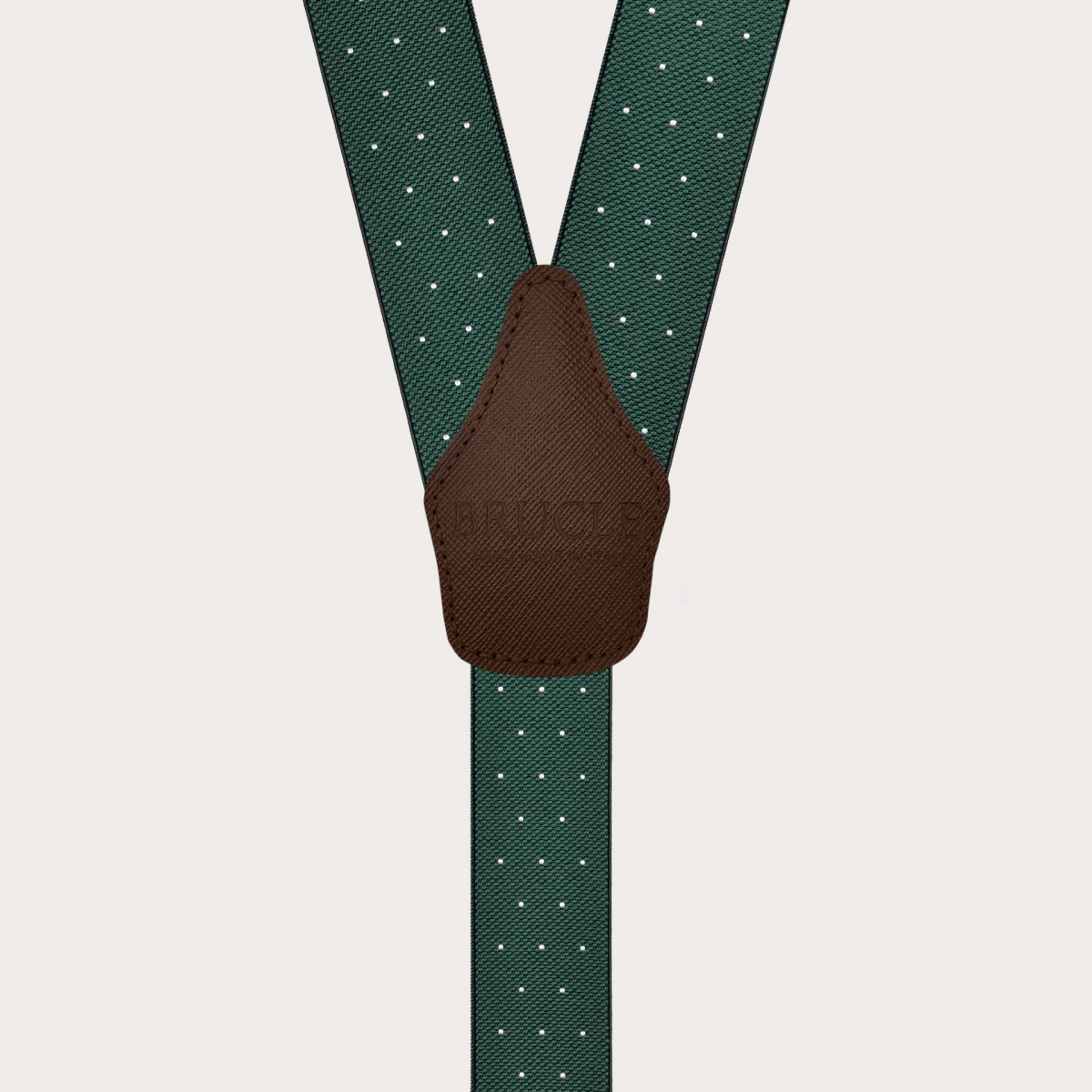 Green polka-dot suspenders with dual-use buttons and nickel-free clips