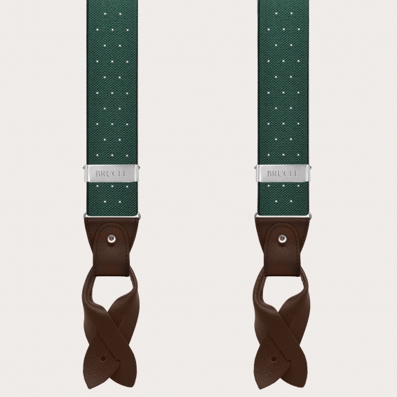 Green polka-dot suspenders with dual-use buttons and nickel-free clips