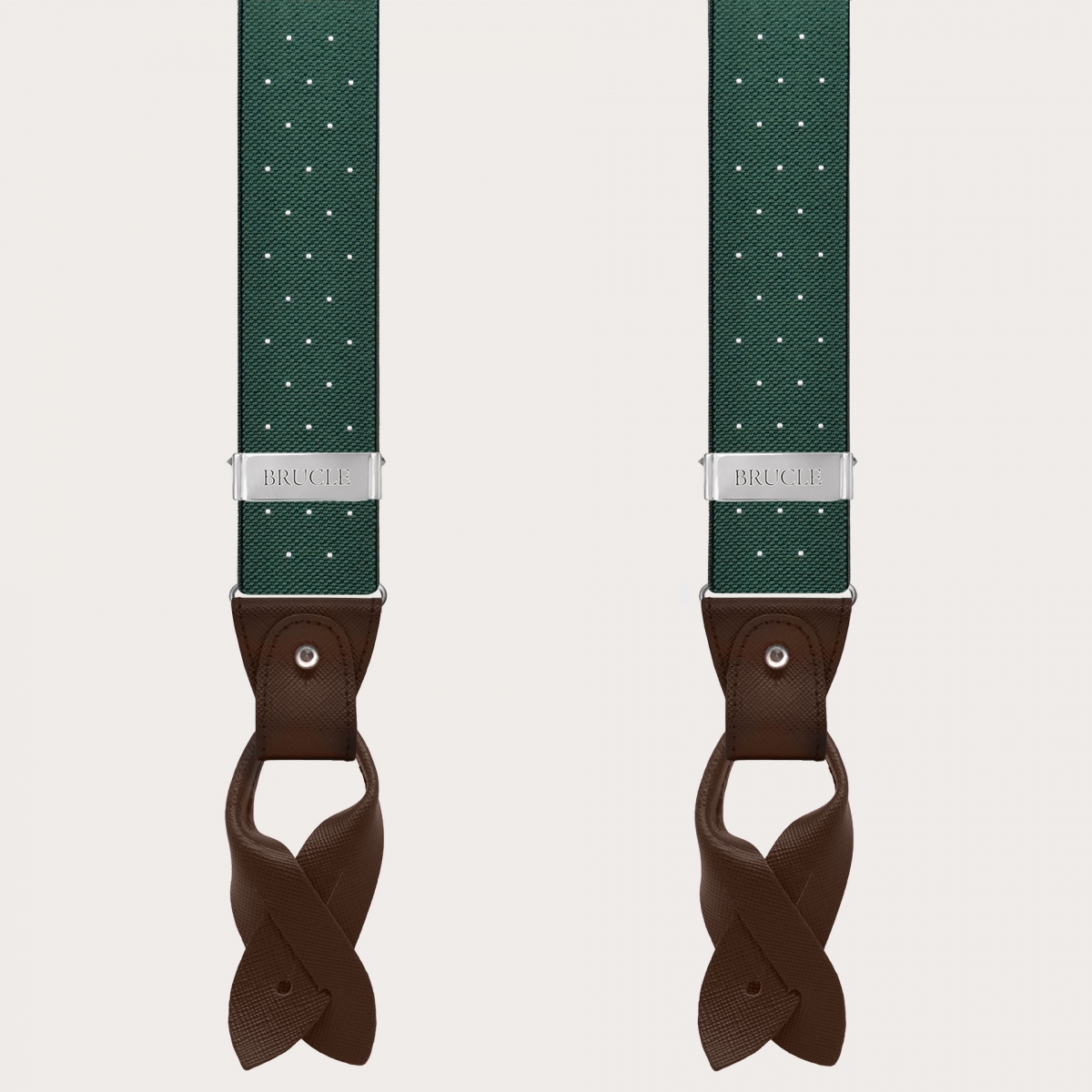 Green polka-dot suspenders with dual-use buttons and nickel-free clips