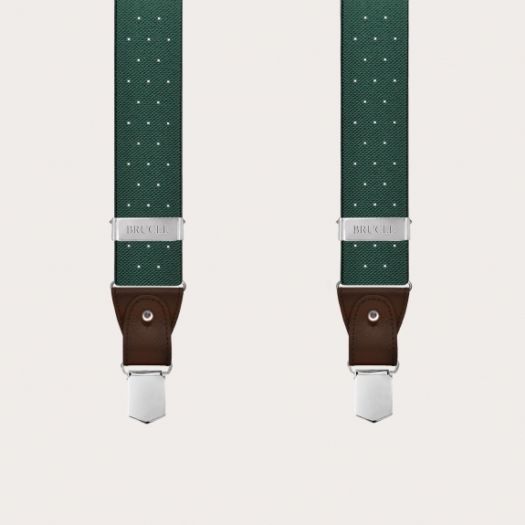 Green polka-dot suspenders with dual-use buttons and nickel-free clips