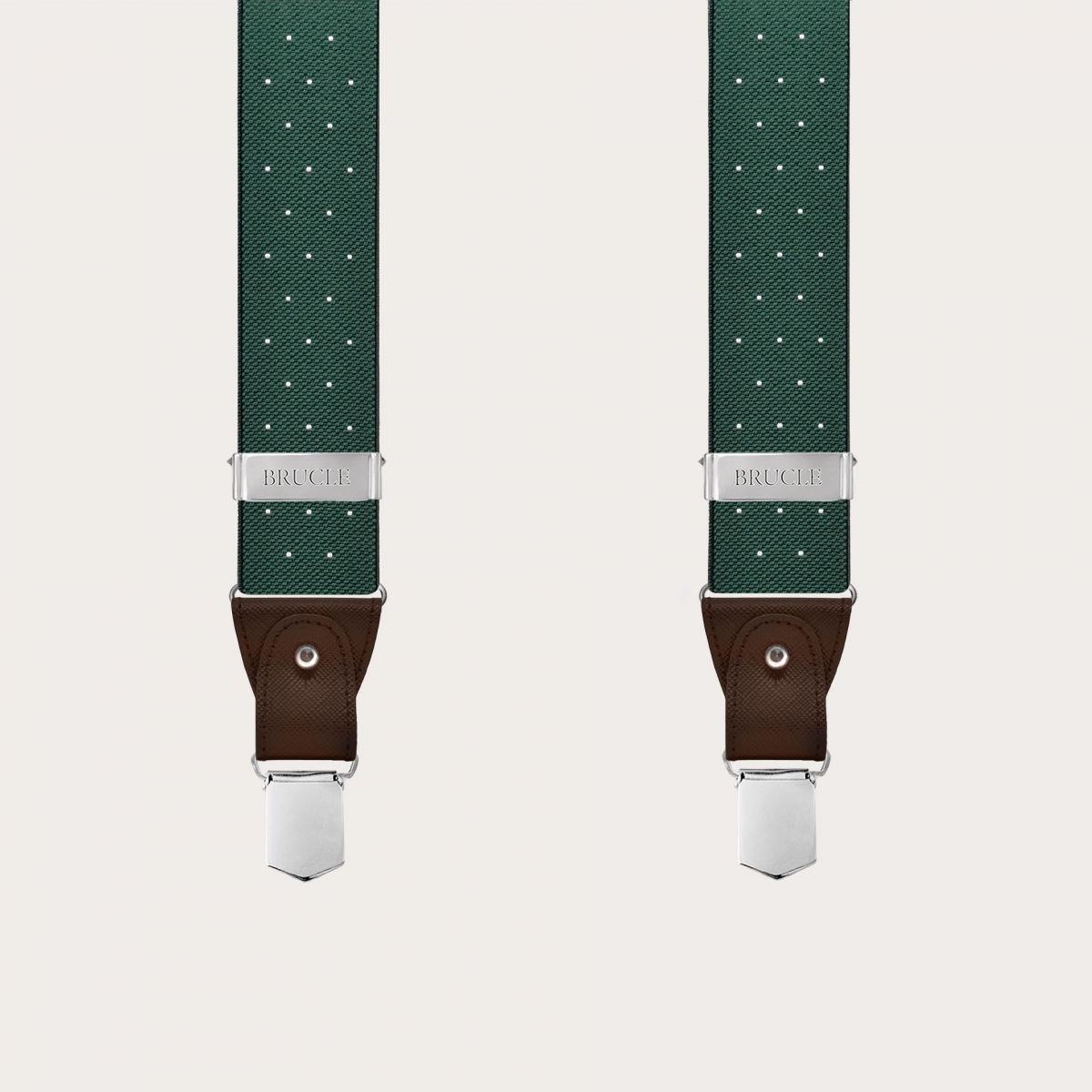 Green polka-dot suspenders with dual-use buttons and nickel-free clips