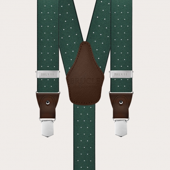 Green polka-dot suspenders with dual-use buttons and nickel-free clips