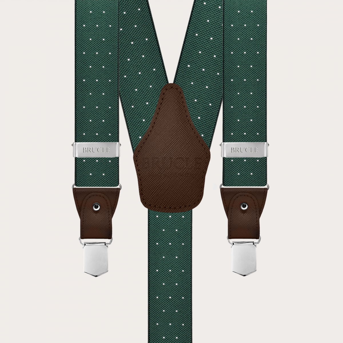 Green polka-dot suspenders with dual-use buttons and nickel-free clips