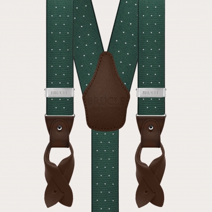 Green polka-dot suspenders with dual-use buttons and nickel-free clips