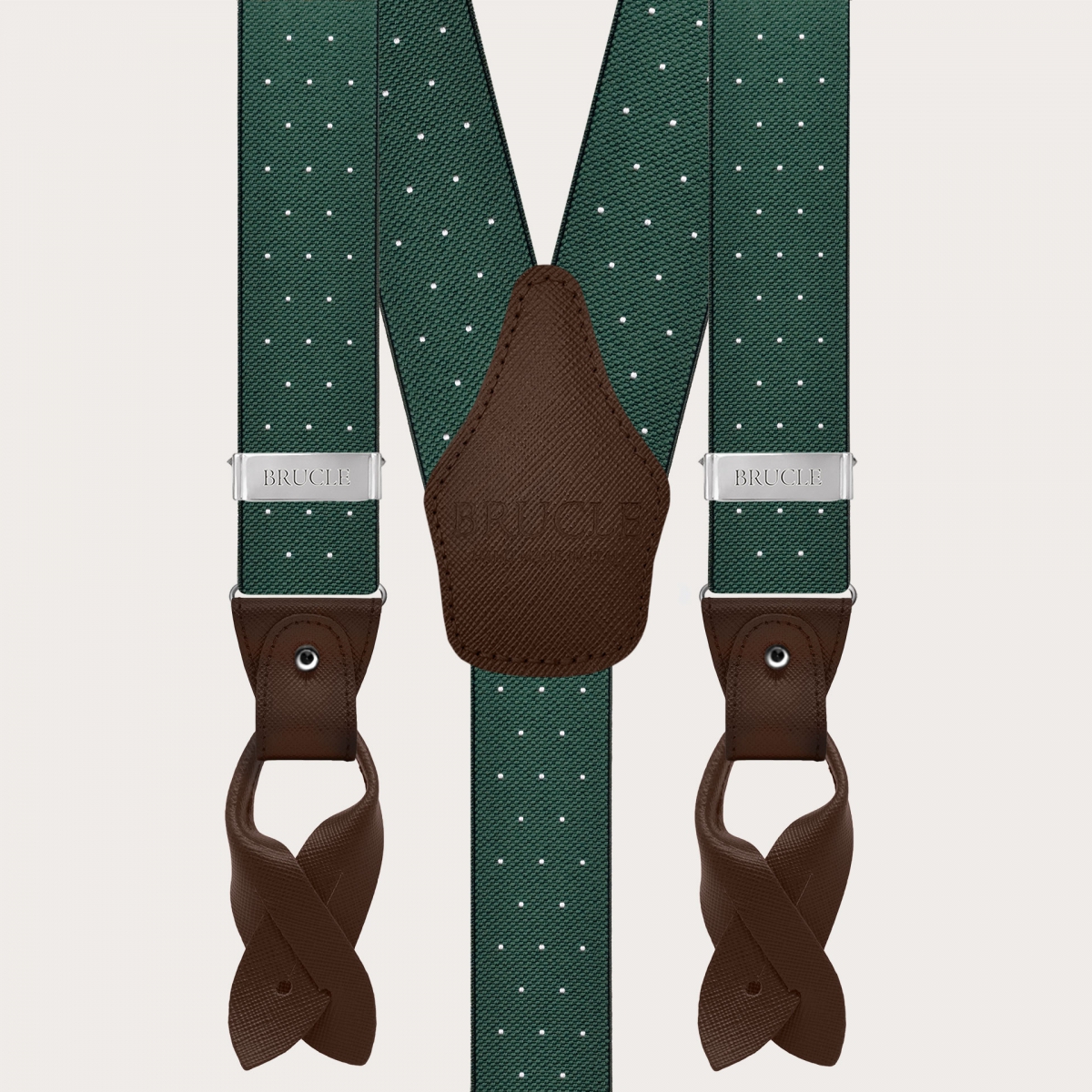 Green polka-dot suspenders with dual-use buttons and nickel-free clips