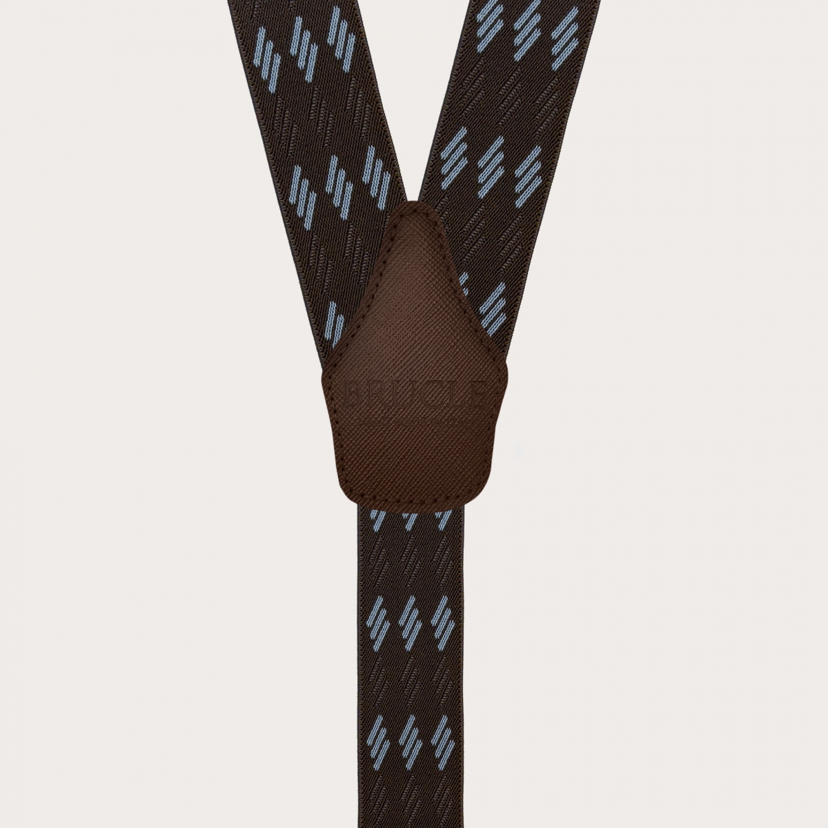 Brown elastic suspenders with blue stripes for buttons or clips