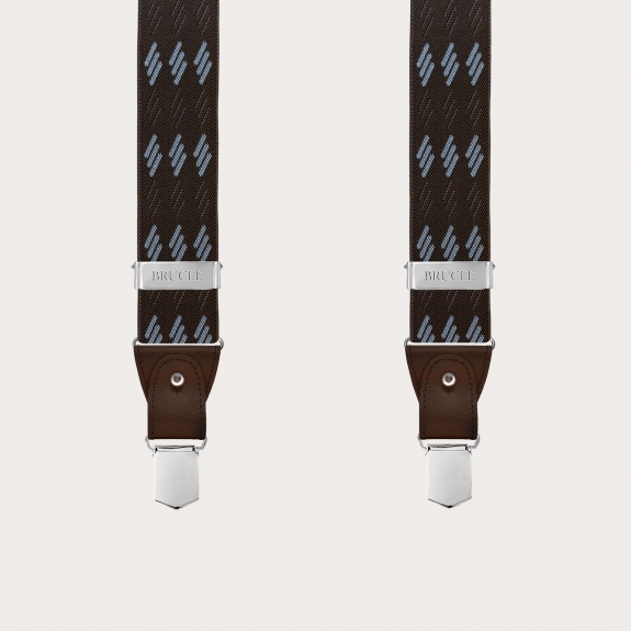 Braune elastische Hosenträger mit blauen Streifen für Knöpfe oder Clips