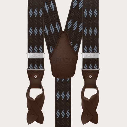 Brown elastic suspenders with blue stripes for buttons or clips