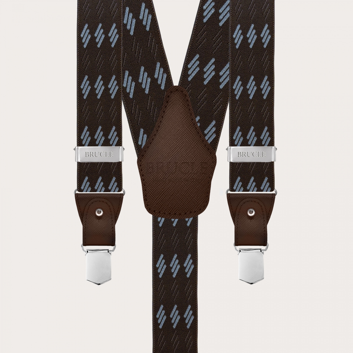 Tirantes elásticos marrones con rayas azules para botones o clips