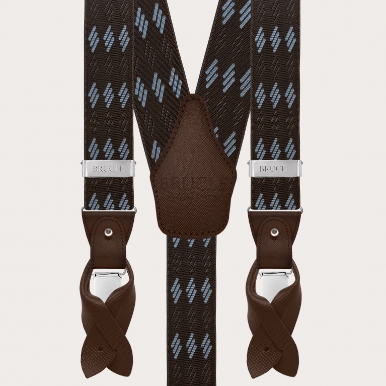 Bretelles élastiques marron avec rayures bleues pour boutons ou clips