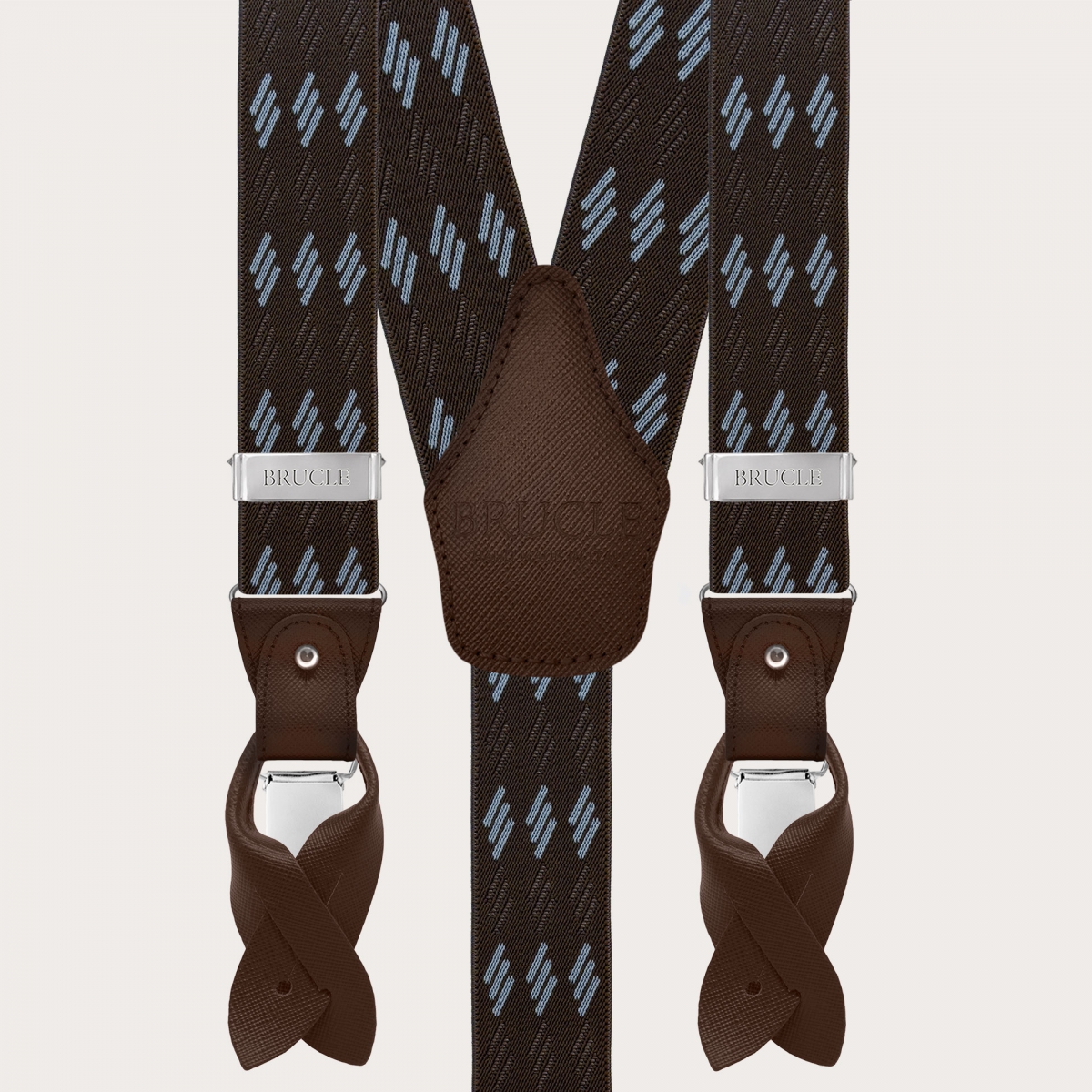 Brown elastic suspenders with blue stripes for buttons or clips
