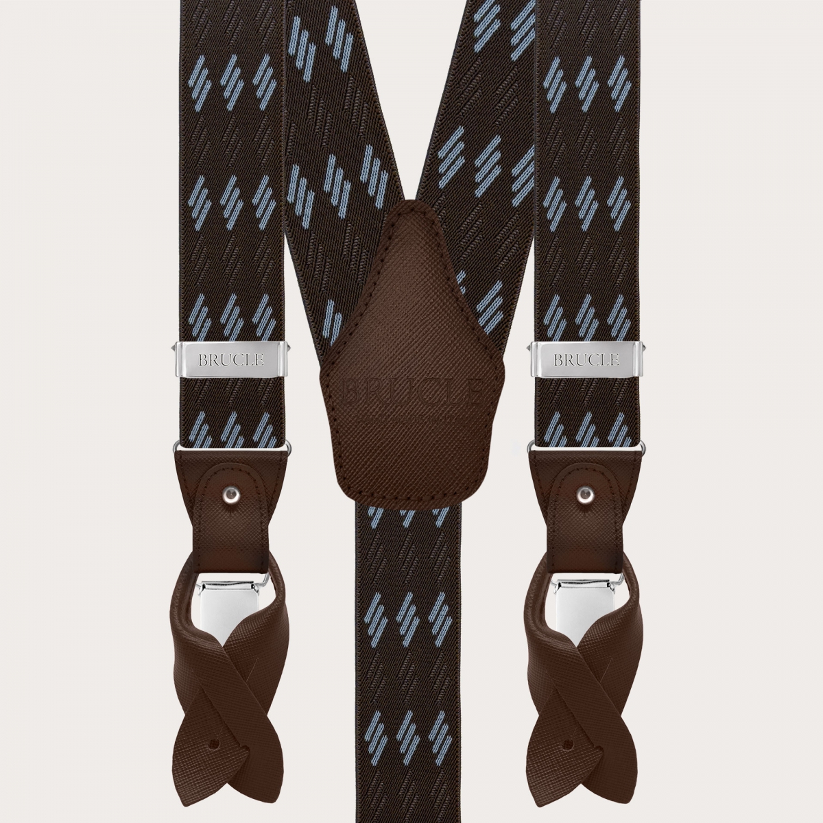 Tirantes elásticos marrones con rayas azules para botones o clips