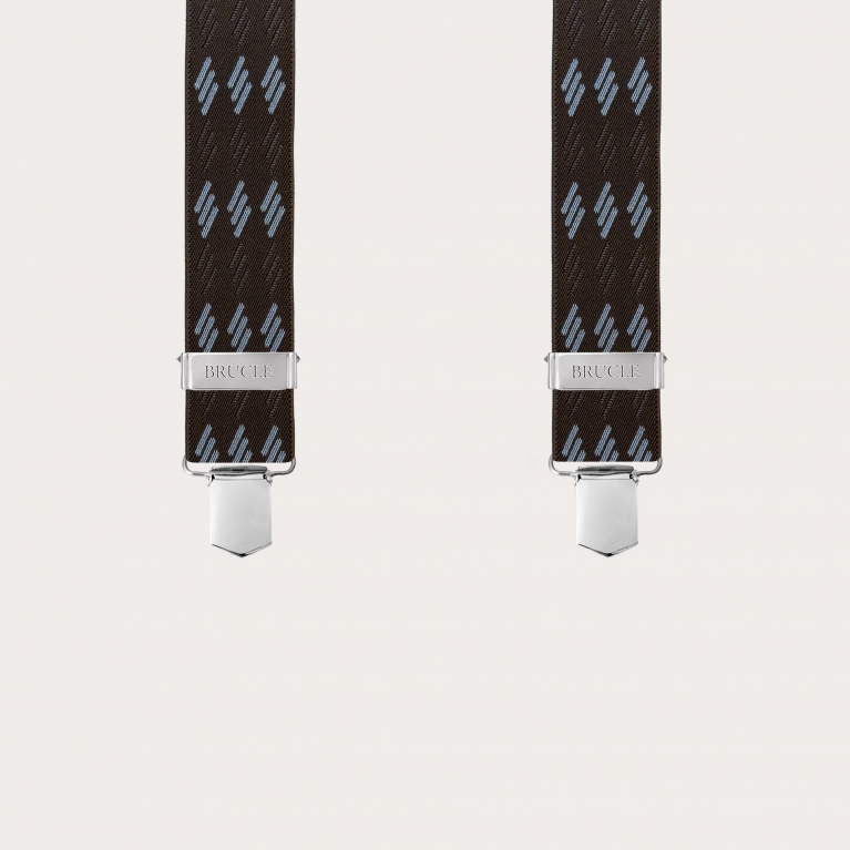 Brown elastic suspenders with blue stripes and clips