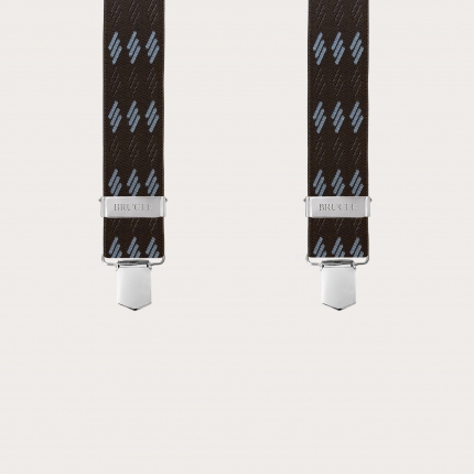 Brown elastic suspenders with blue stripes and clips
