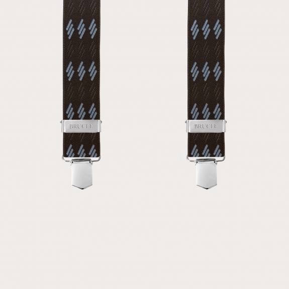 Brown elastic suspenders with blue stripes and clips