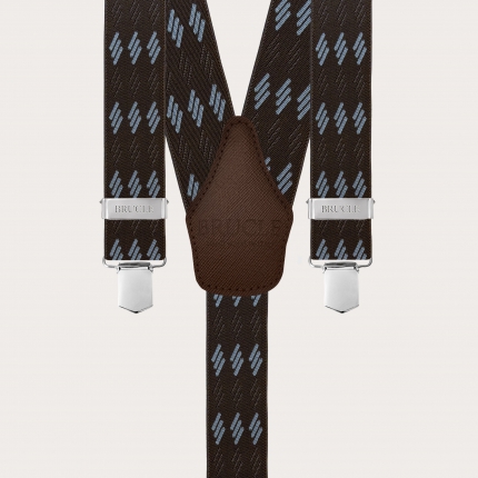 Brown elastic suspenders with blue stripes and clips
