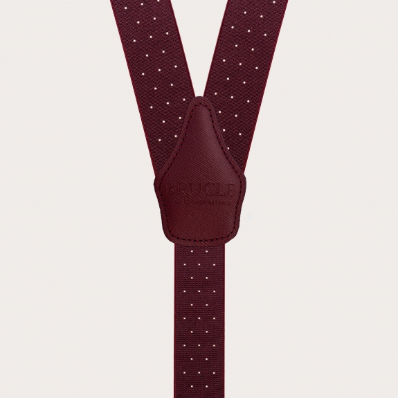 Burgundy polka-dot suspenders with dual-use buttons and nickel-free clips
