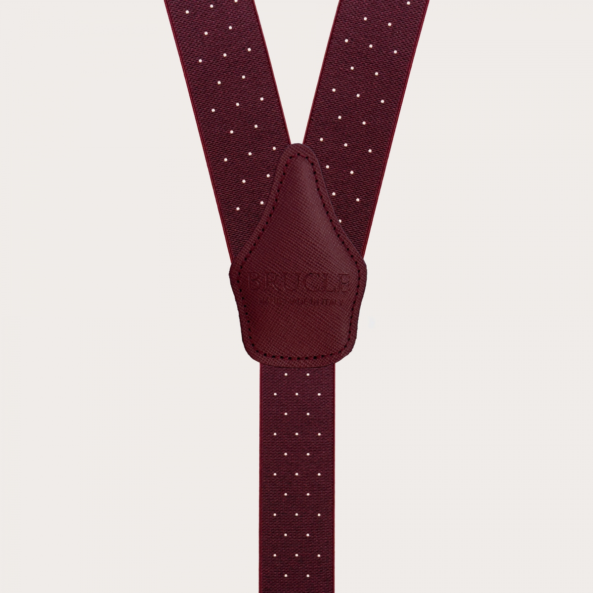 Burgundy polka-dot suspenders with dual-use buttons and nickel-free clips