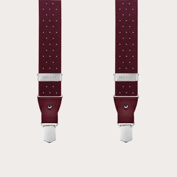 Burgundy polka-dot suspenders with dual-use buttons and nickel-free clips