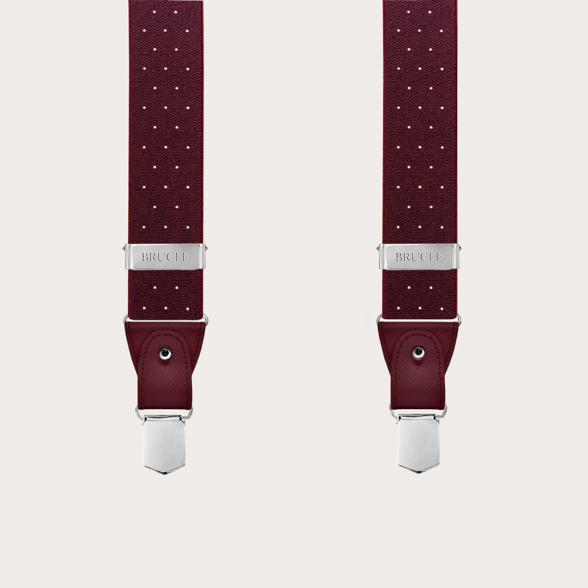 Burgundy polka-dot suspenders with dual-use buttons and nickel-free clips