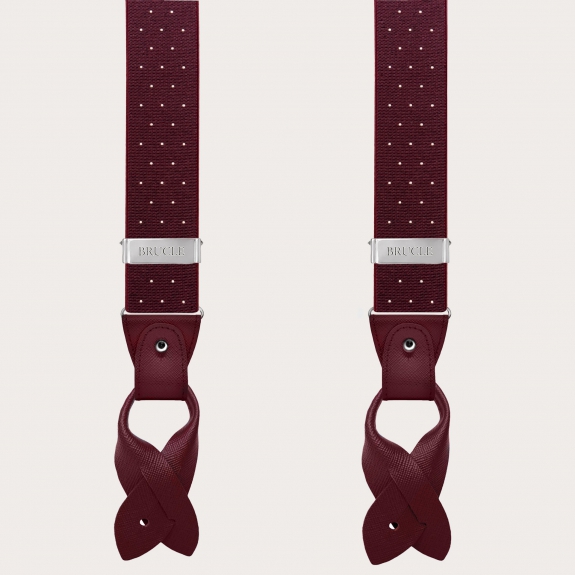 Burgundy polka-dot suspenders with dual-use buttons and nickel-free clips