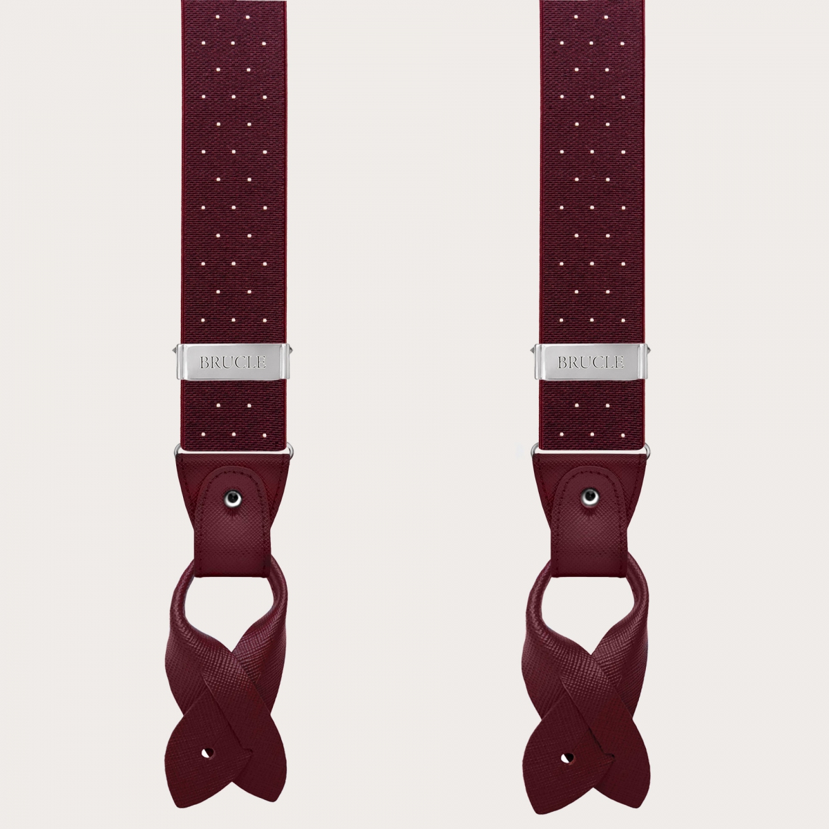 Burgundy polka-dot suspenders with dual-use buttons and nickel-free clips